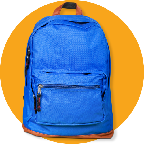 Blue backpack with brown accents on a yellow background