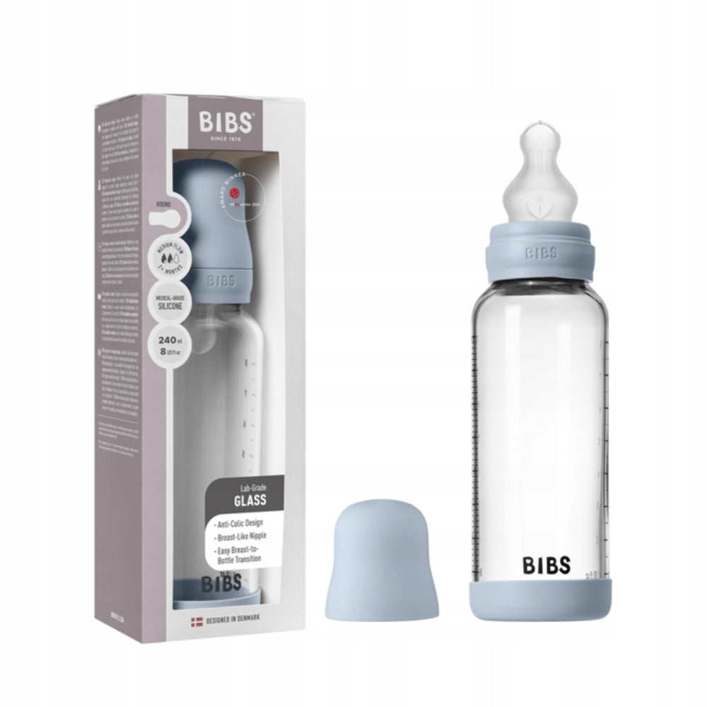 BIBS Glass Baby Bottle Round Silicone - 1 pack 240 ml Medium Flow Baby Blue - Baby Essentials