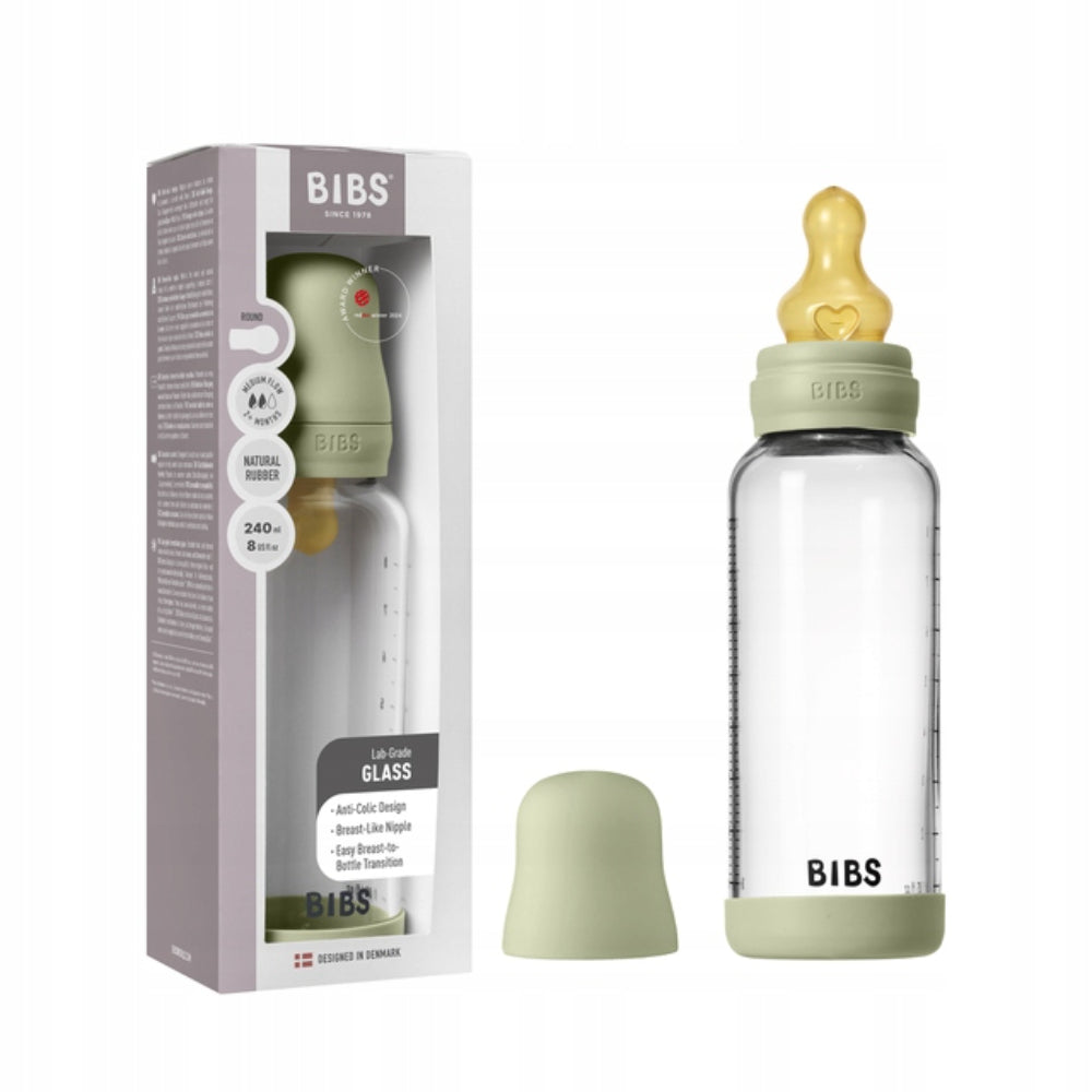 BIBS Glass Baby Bottle Round Latex 1 pack 240 ml Medium Flow Sage - Baby Essentials