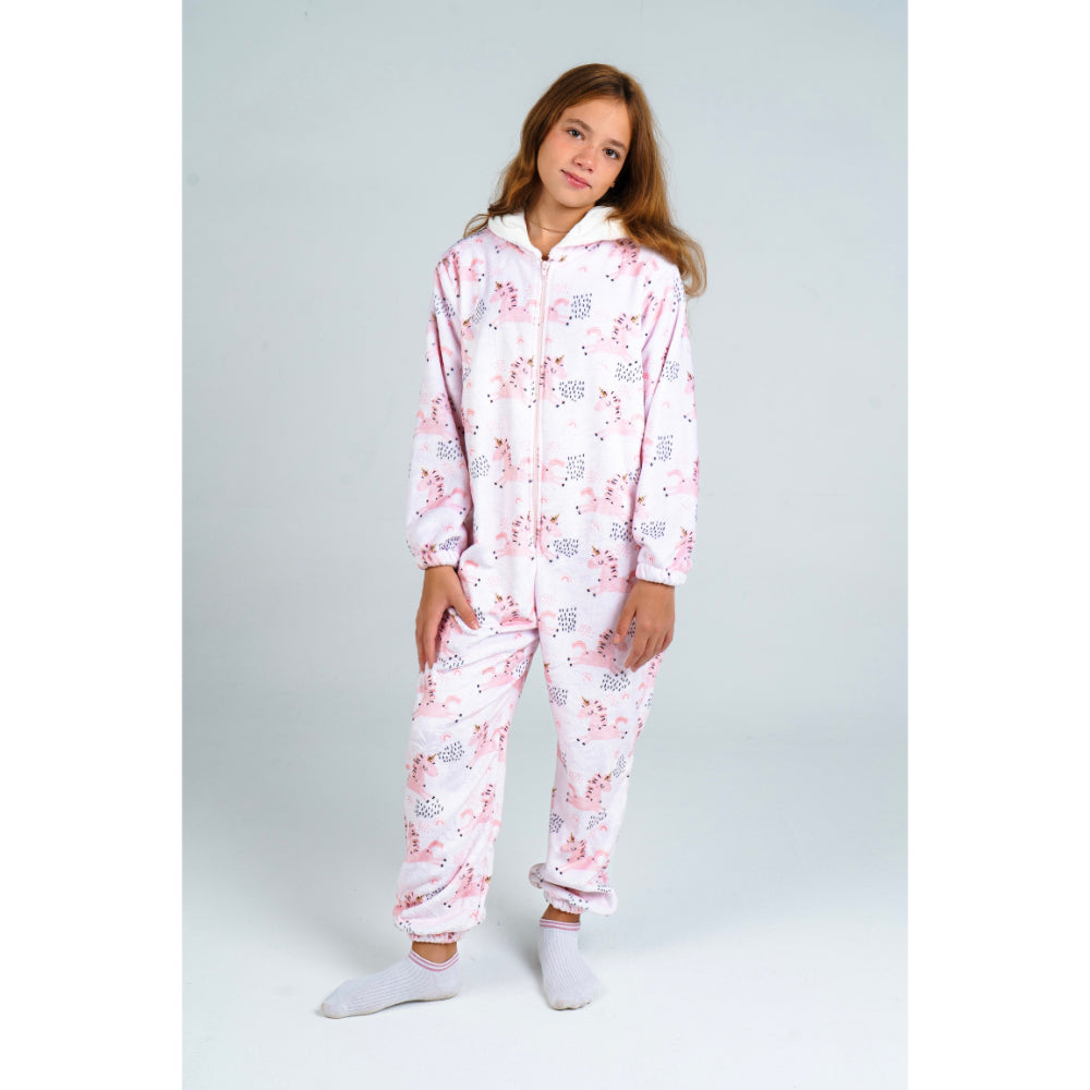 Girls Fleeced Hooded Onesie Pajama – Pink with Unicorn Print