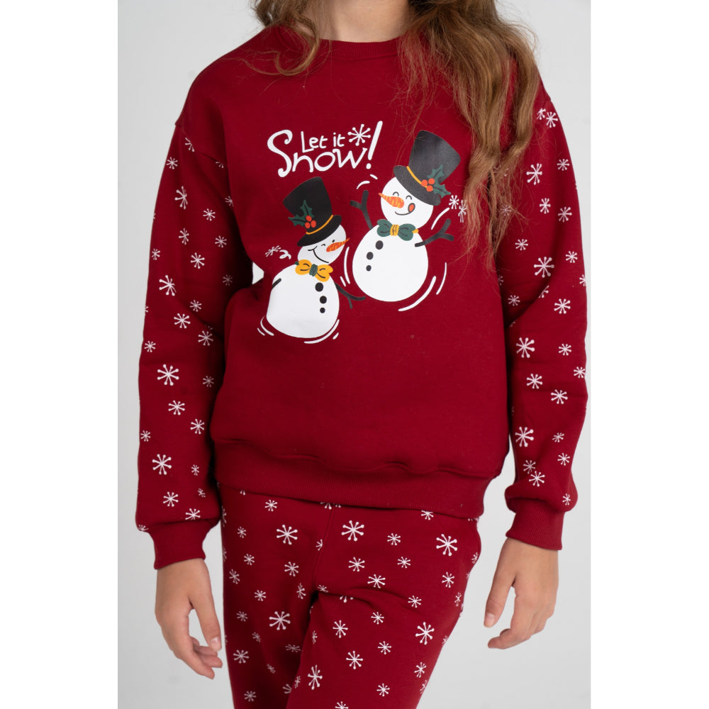 Girls Cooton Pajama Set – Maroon with “Let it Snow” Design