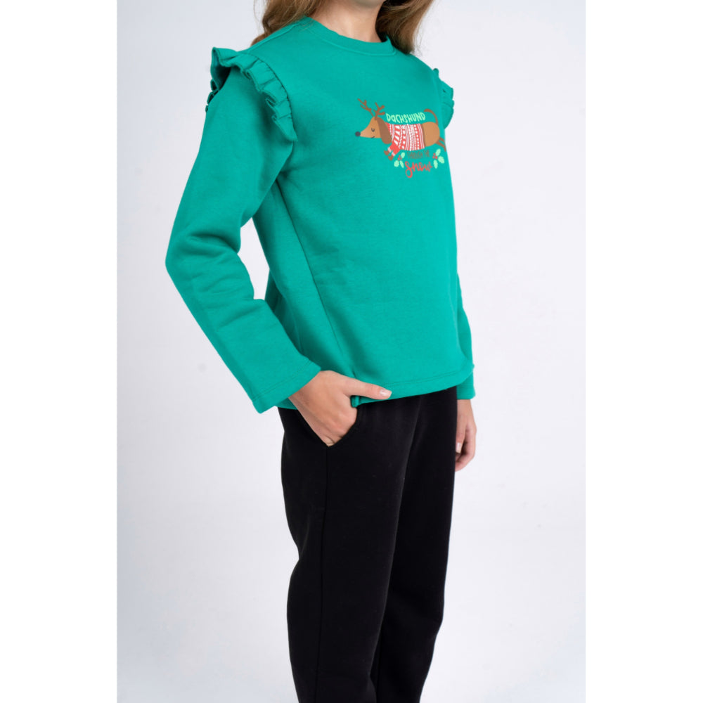 Girls Cooton Pajama Set – Green/Black with "Dachshund Through The Snow" Design