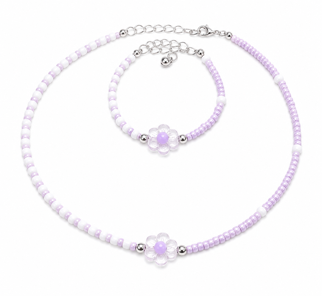 Flower Necklace Set - Purple - Assortments - Mint-x