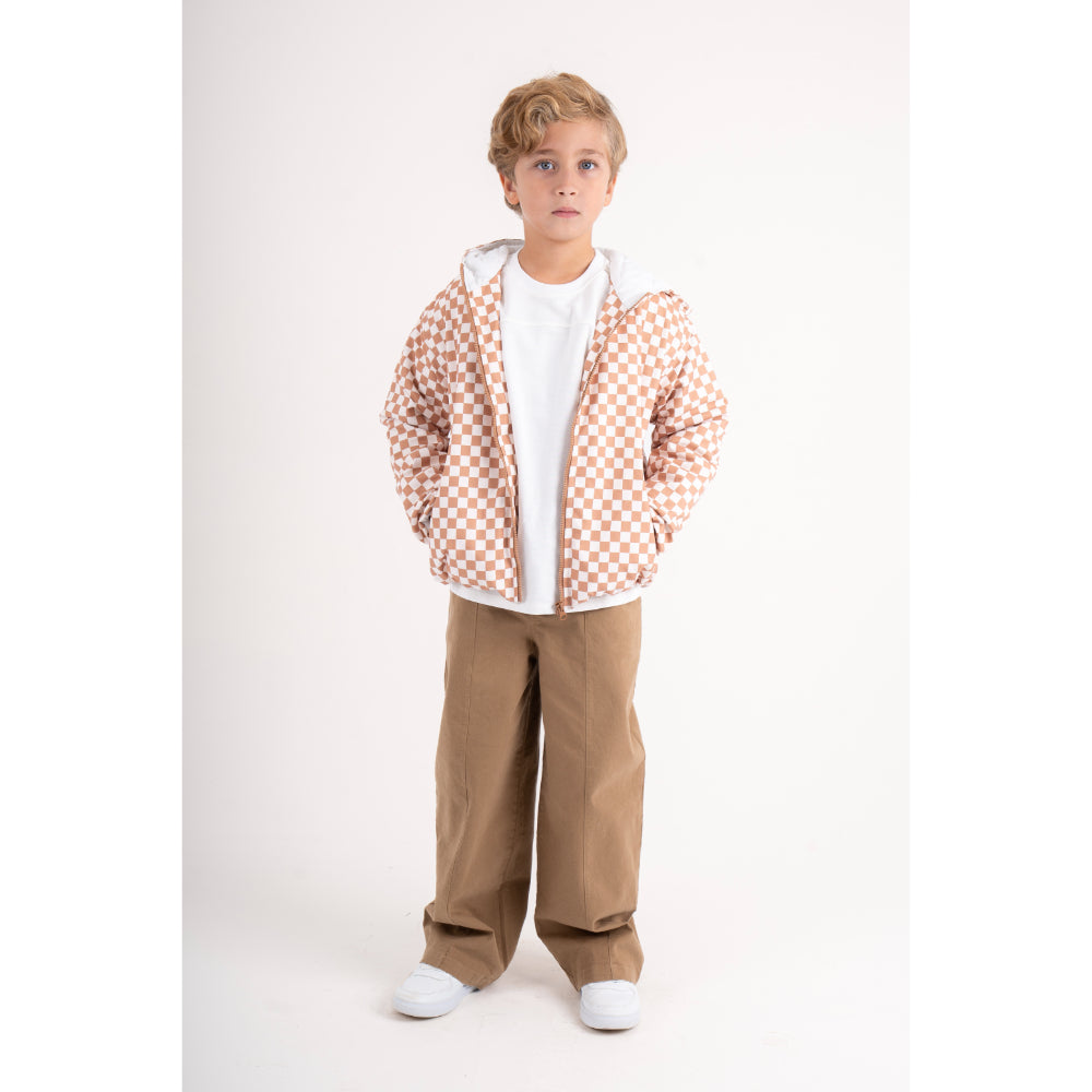 Boys Waterproof Jacket – Beige & White Checkered