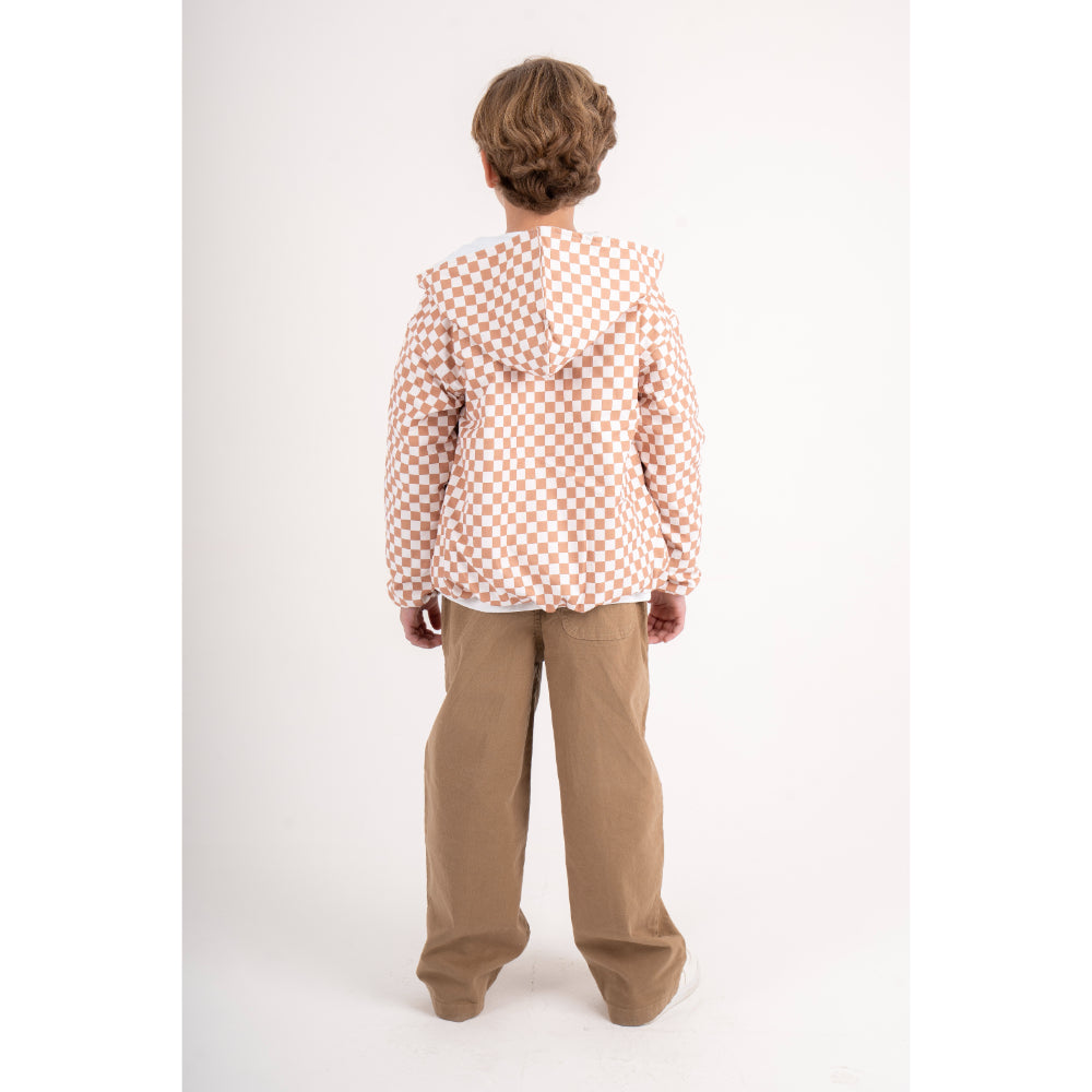 Boys Waterproof Jacket – Beige & White Checkered