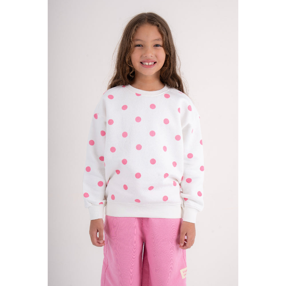 Girls Cotton Sweatshirt – Off-White with Polka Dots Print