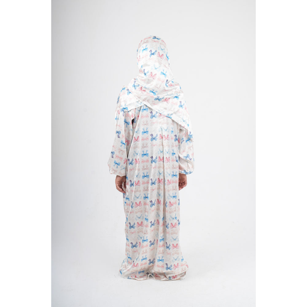 Girls Ramadan Isdal – Off-White with Bows Print ( Satin fabric )