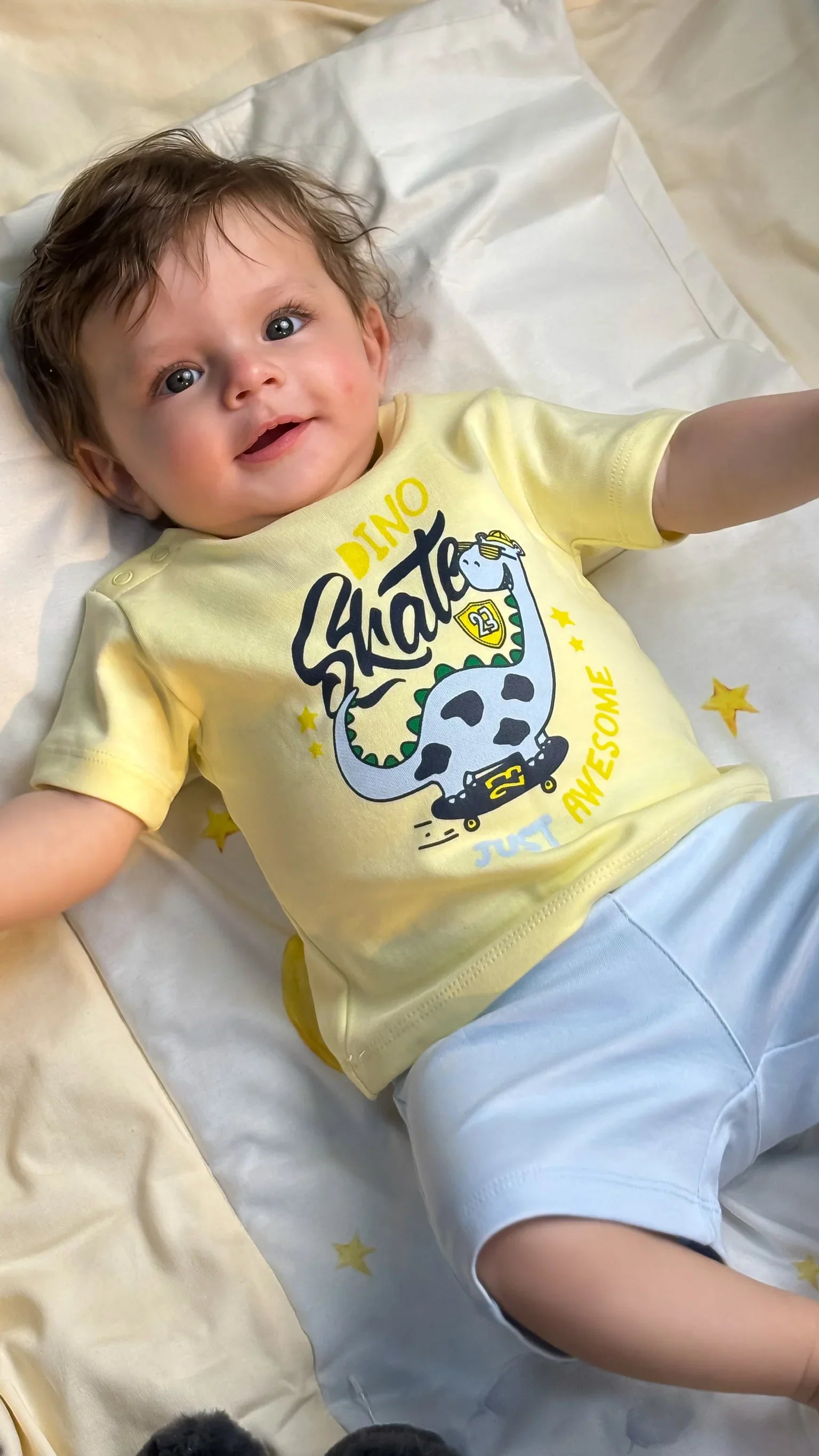 Baby Boys Cotton Pajama Set – Yellow "Dino Skate" Print