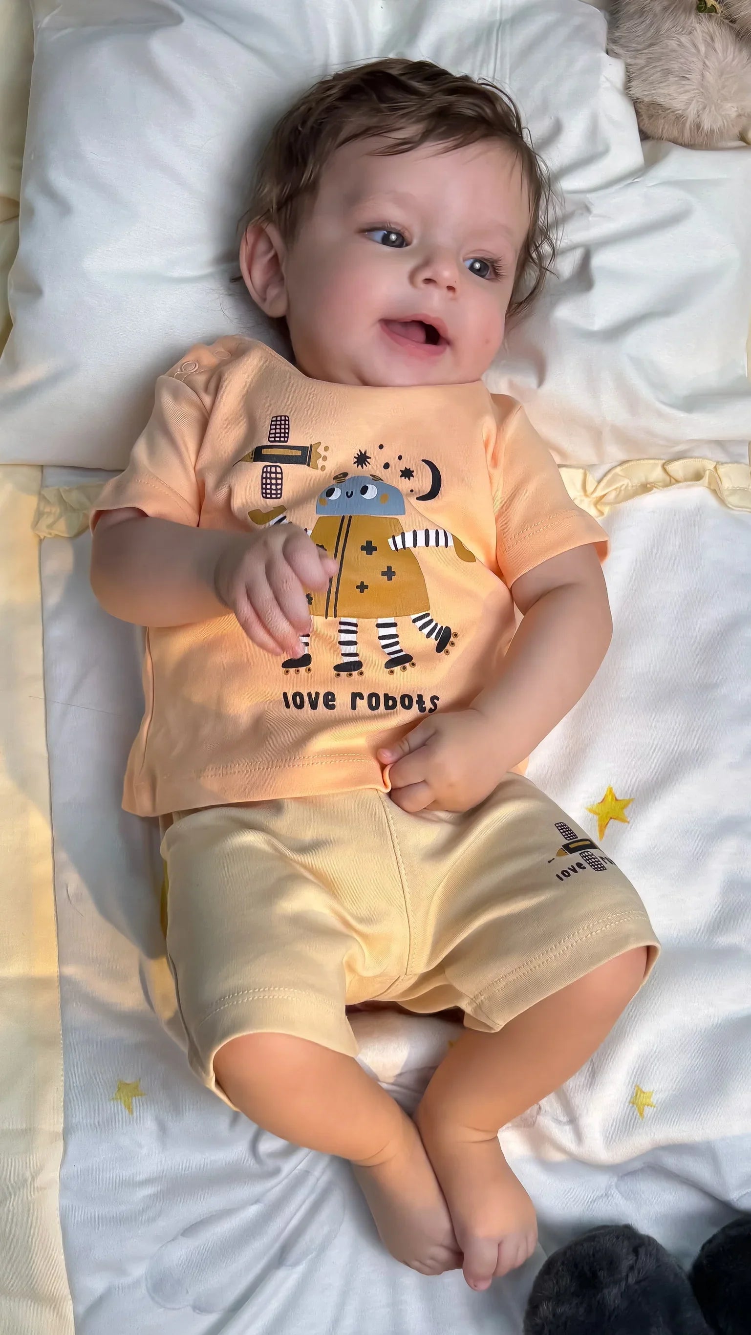 Baby Boys Cotton Pajama Set – Salmon "Love Robots" Print