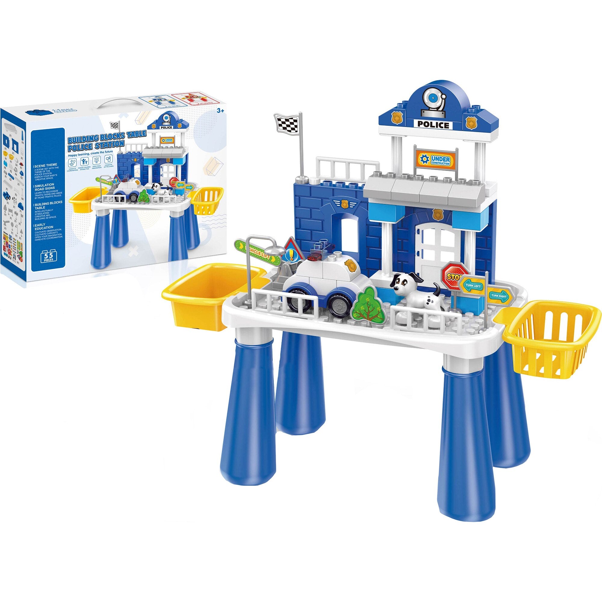Police Station Building Blocks Table Playset with Police Car – 55 Pieces