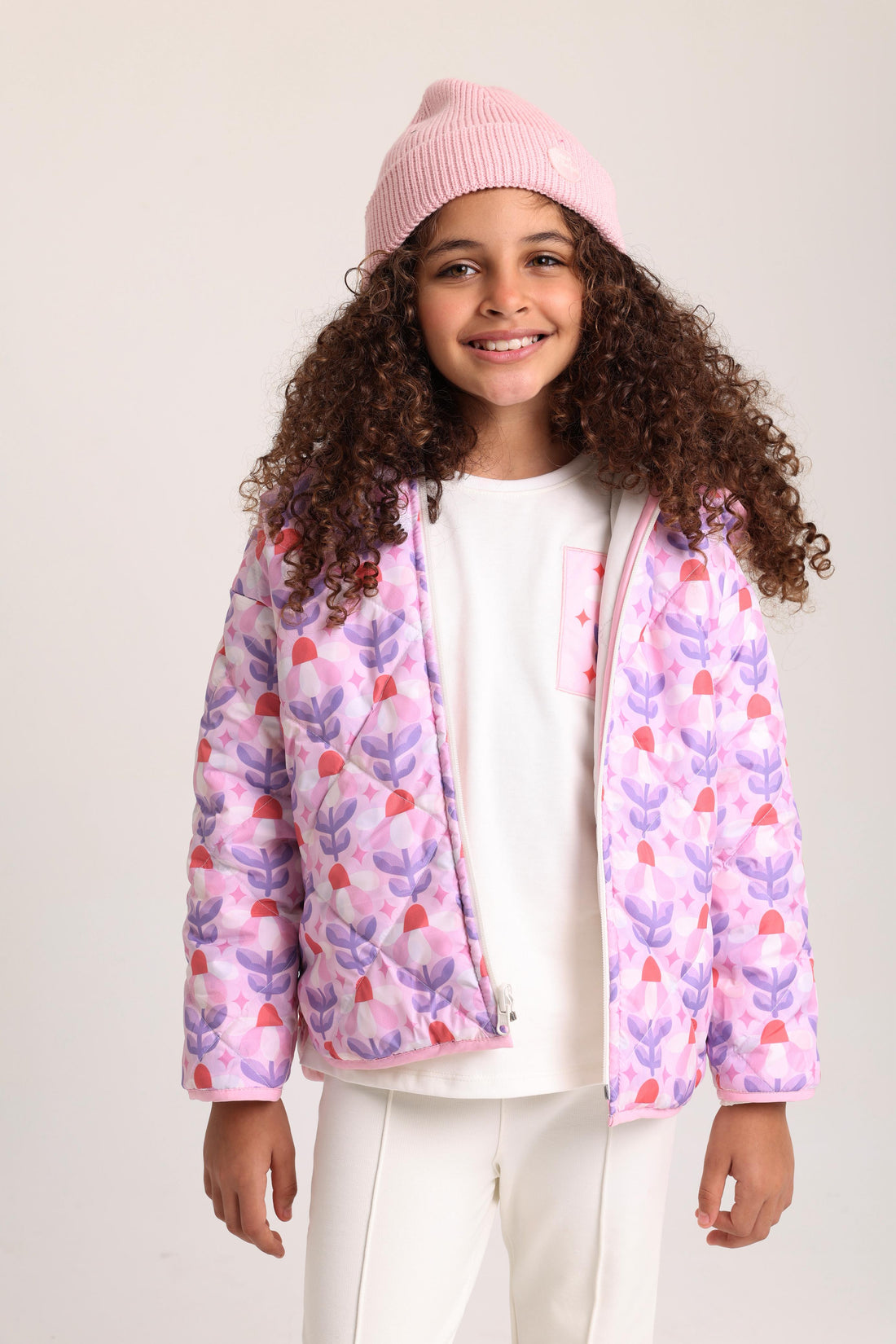 Baby Girls Waterproof Reversible Quilted Jacket –Off White & Pink Floral - Clothing - Playmore