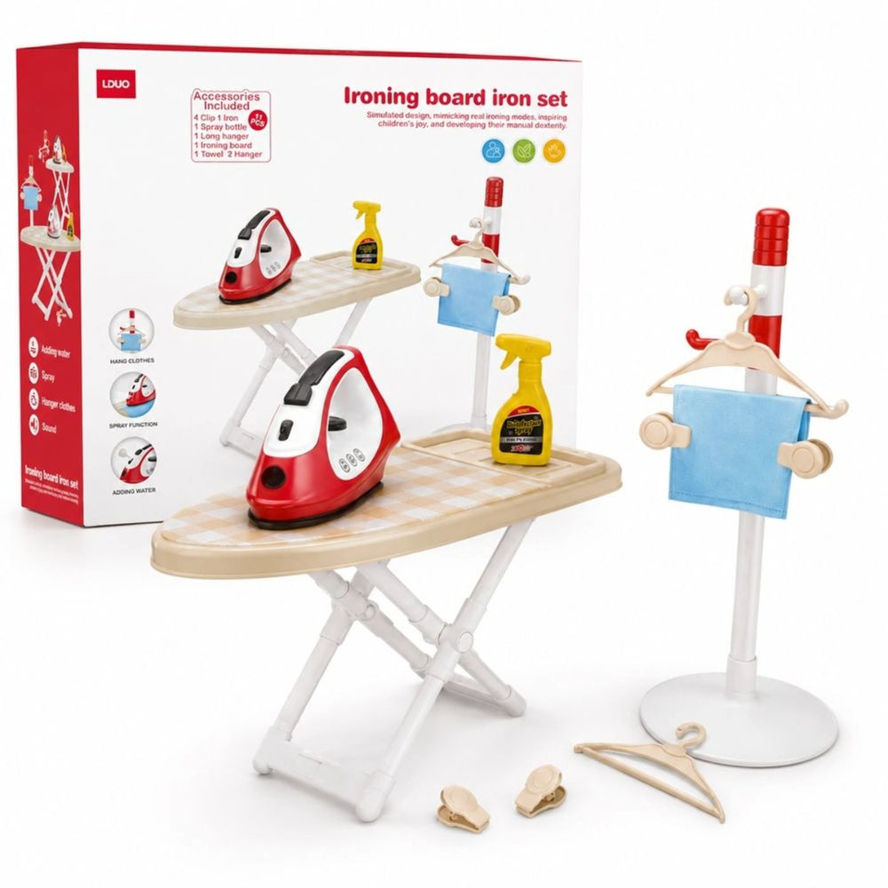 Lduo Children's Ironing Set with Ironing Board Iron and Clothes Rack (Music & Light)