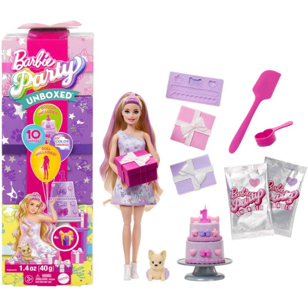 Barbie Party Unboxed Birthday Series Doll & Accessories, Birthday Bows Set With 10 Surprises - OKO
