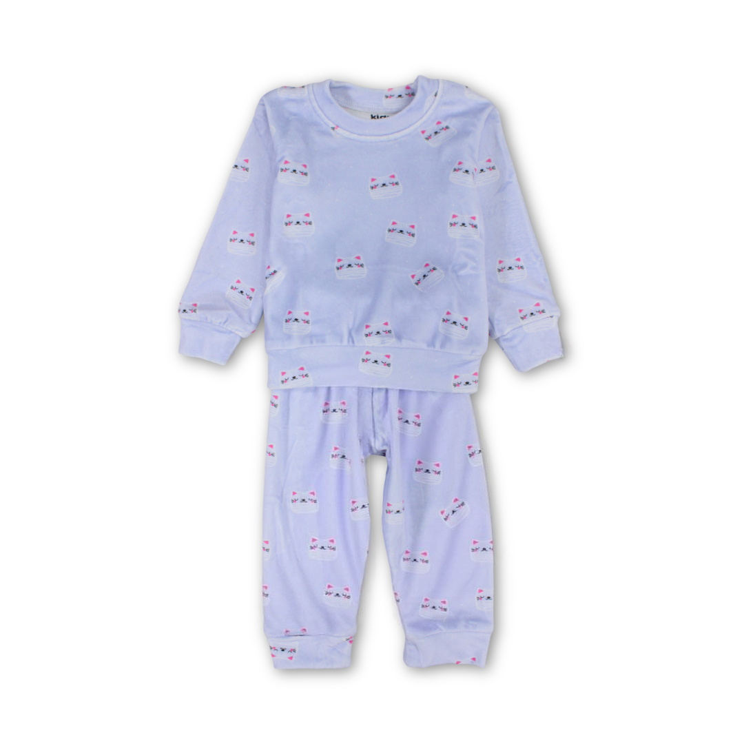 Baby Girls Long-Sleeved Pajama – Purple with Cat Print