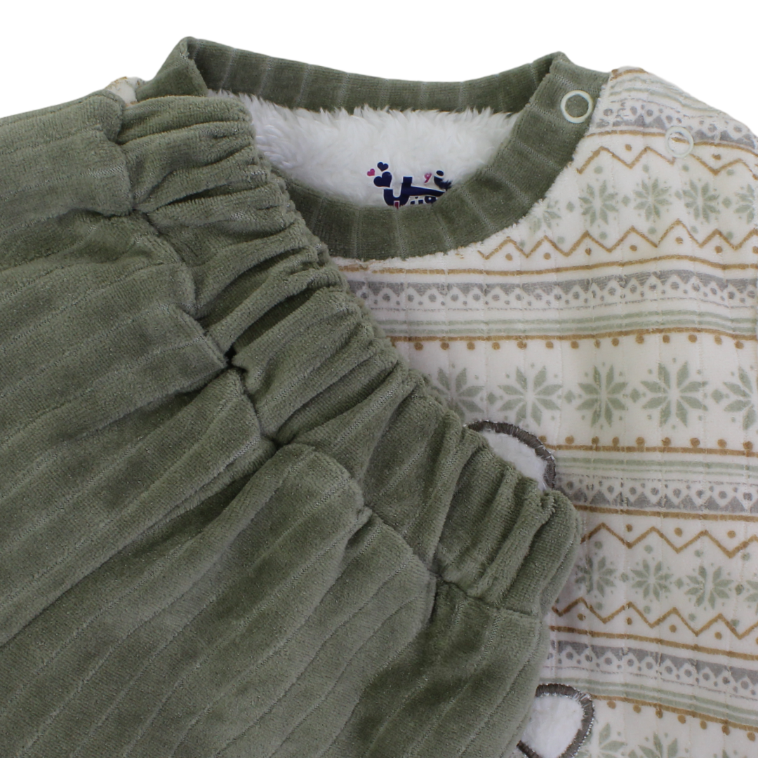 Baby Boys Velvet Two-Piece Pajama – Beige & Olive with One Piece Detail