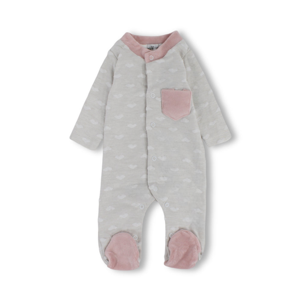 Baby Girls Cotton Baby Footie – Beige & Dusty Pink with Heart Pattern and Pocket