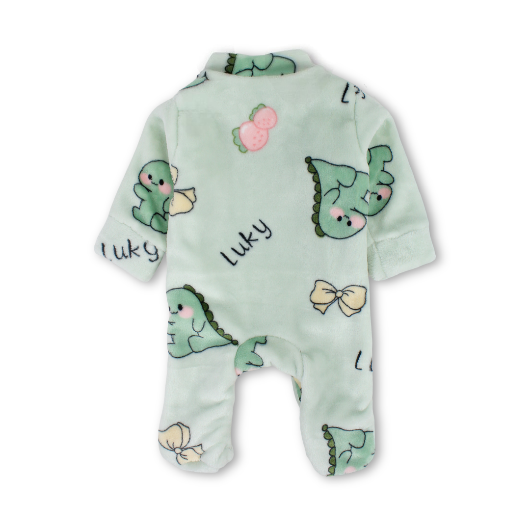 Baby Girls Long-Sleeved Baby Footie – Mint with Lucky Dino Print