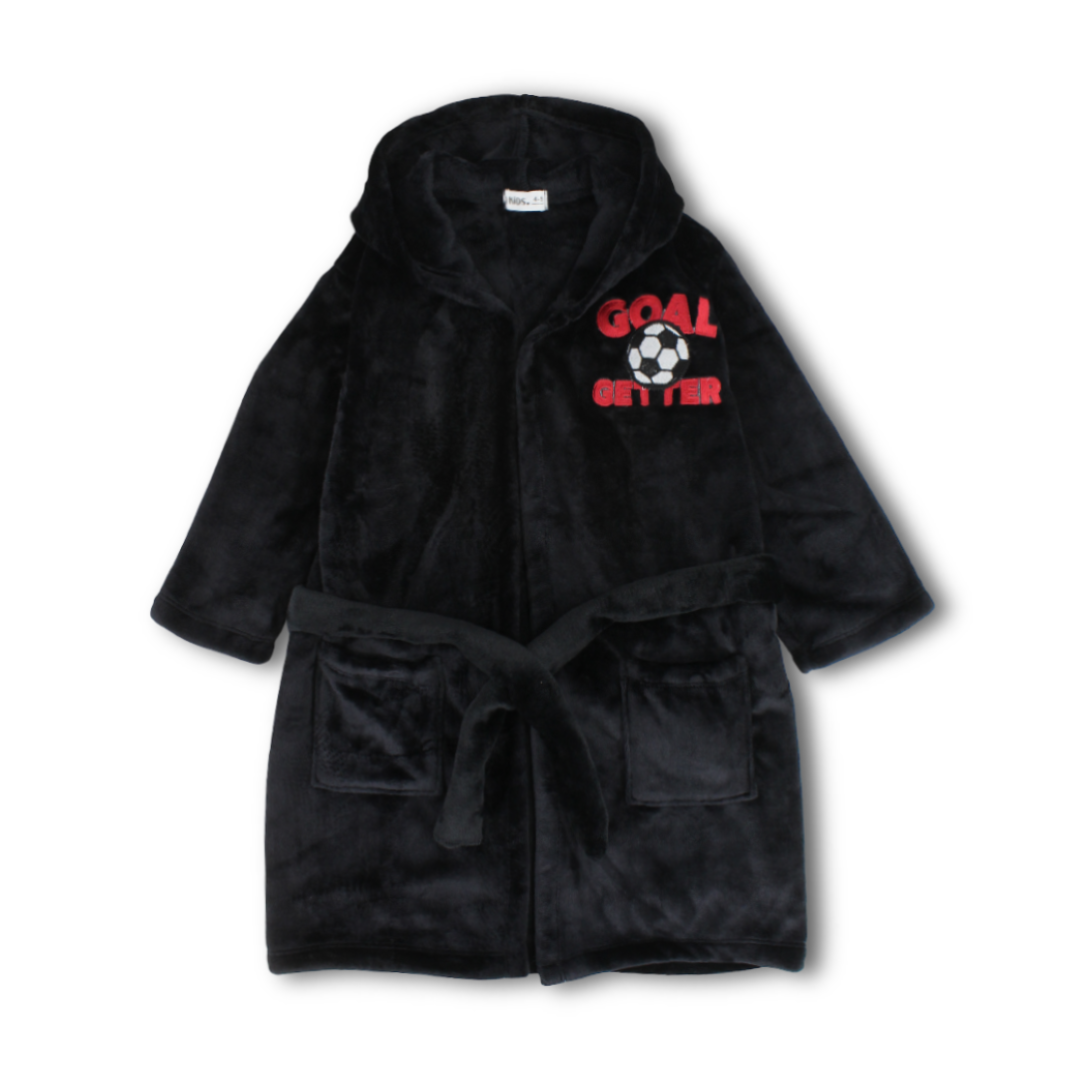 Boys Velvet Hooded Plush Robe – Black with "Goal Getter" Print