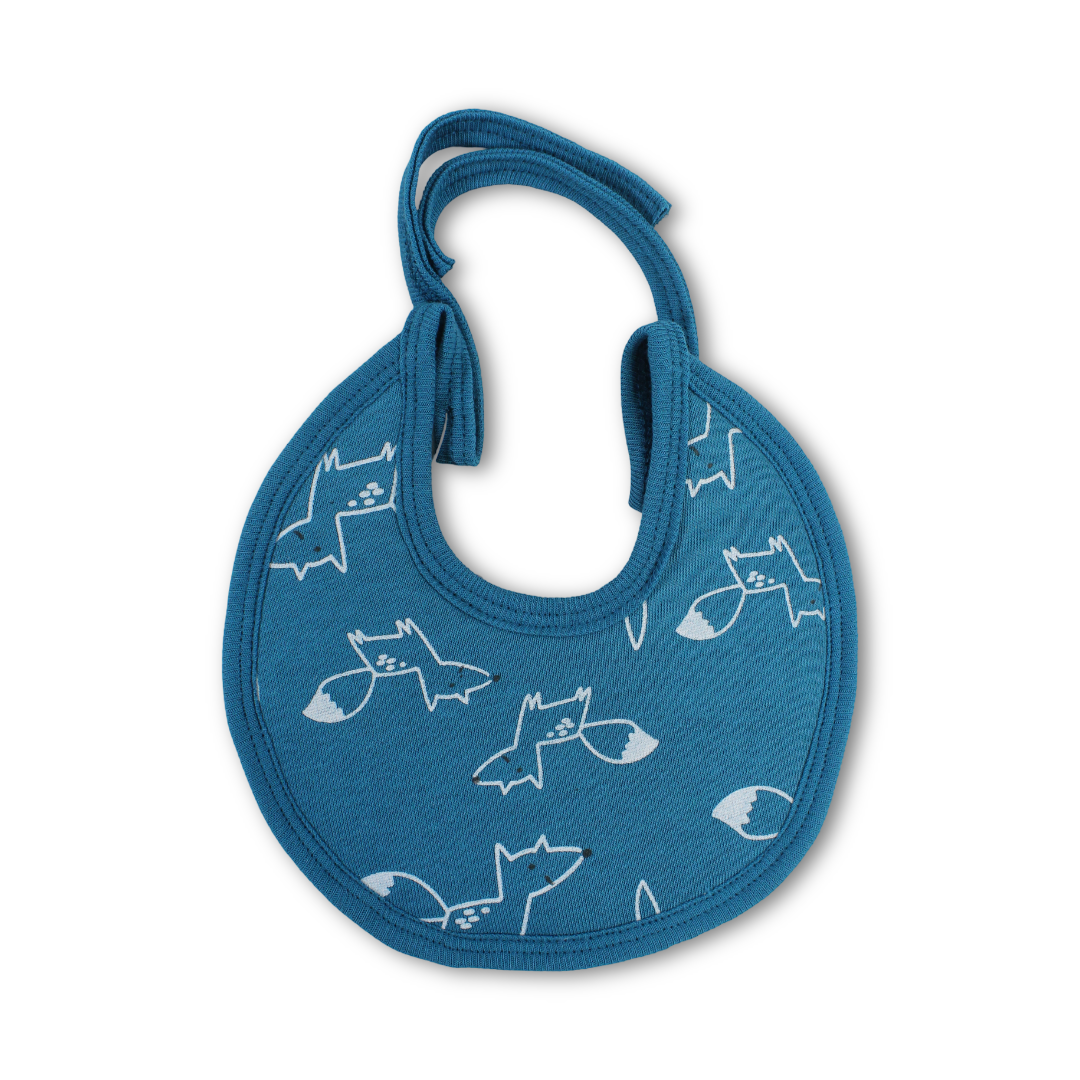 Unisex Baby Bib – Petrol Blue with Fox Print