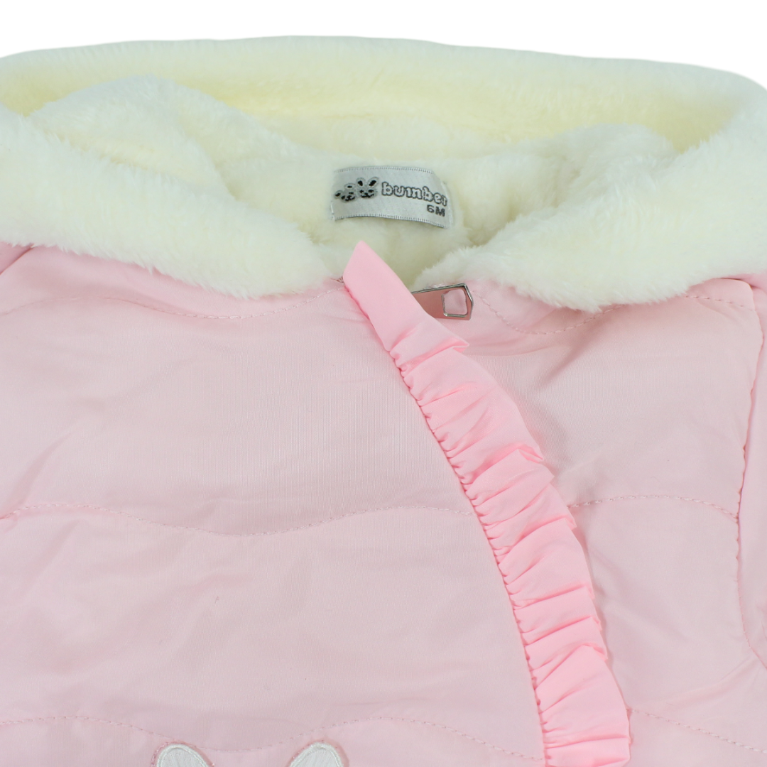 Baby Girls Padded Waterproof Long-sleeved Baby Footie – Pink With Bunny Face Embroidery