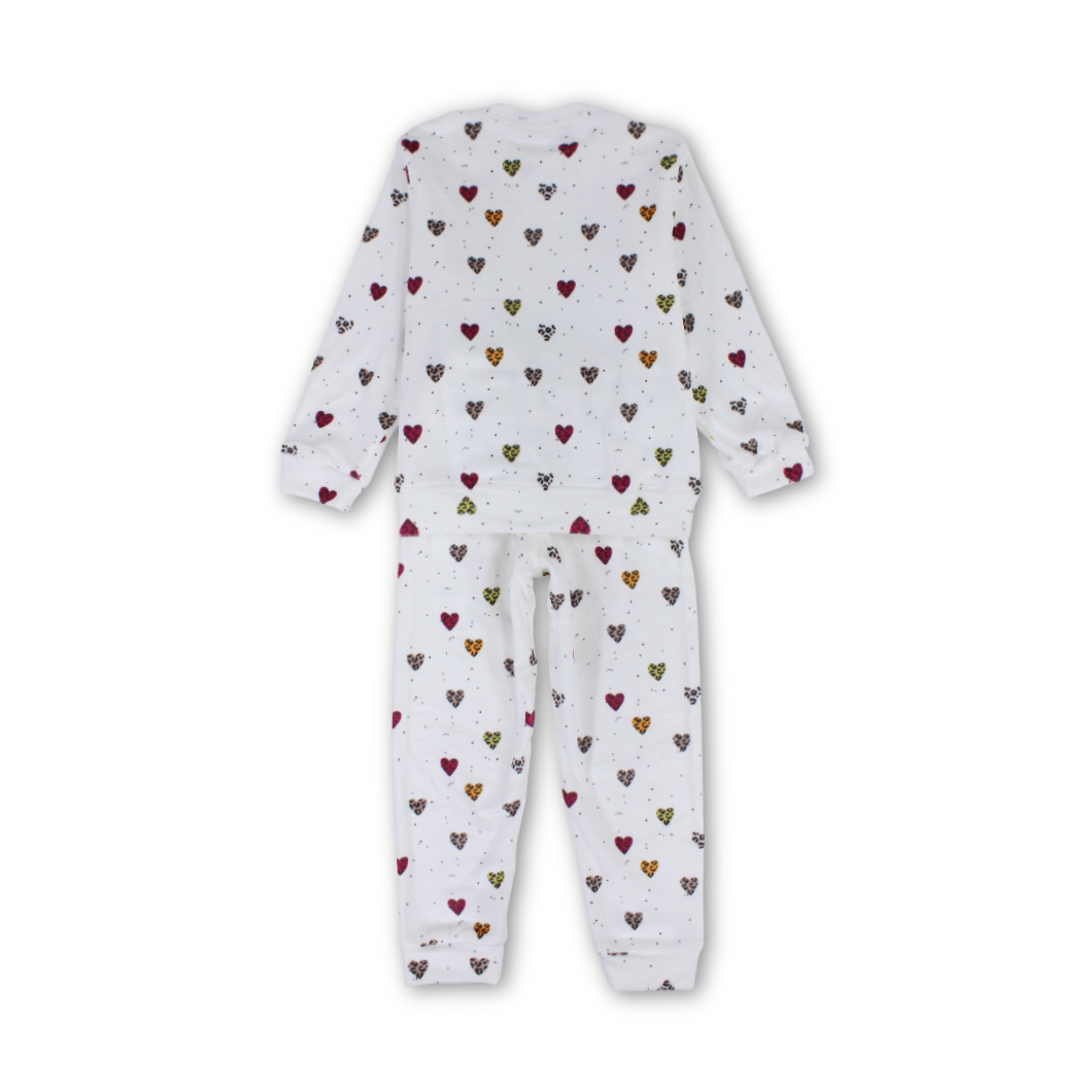 Girls Long-Sleeved Pajama – White with Tiger Hearts Print