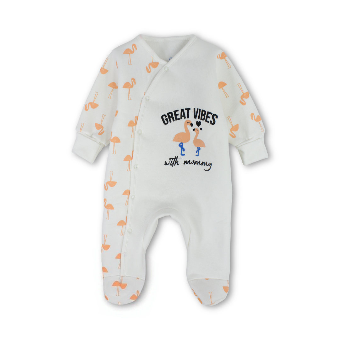 Baby Girls Long-Sleeved Baby Footie – Off-White & Salmon with Flamingo Print