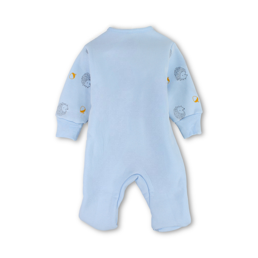 Baby Boys Long-Sleeved Baby Footie – Baby Blue & Petrol Blue with Animal Print