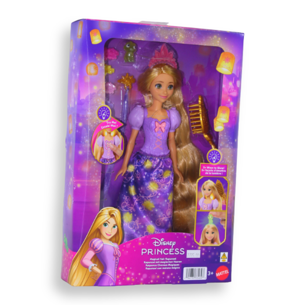 Mattel Disney Princess Light-Up Hair Rapunzel Fashion Doll W/ 5 Ways To Glow, Pascal Figure & 7 Accessories