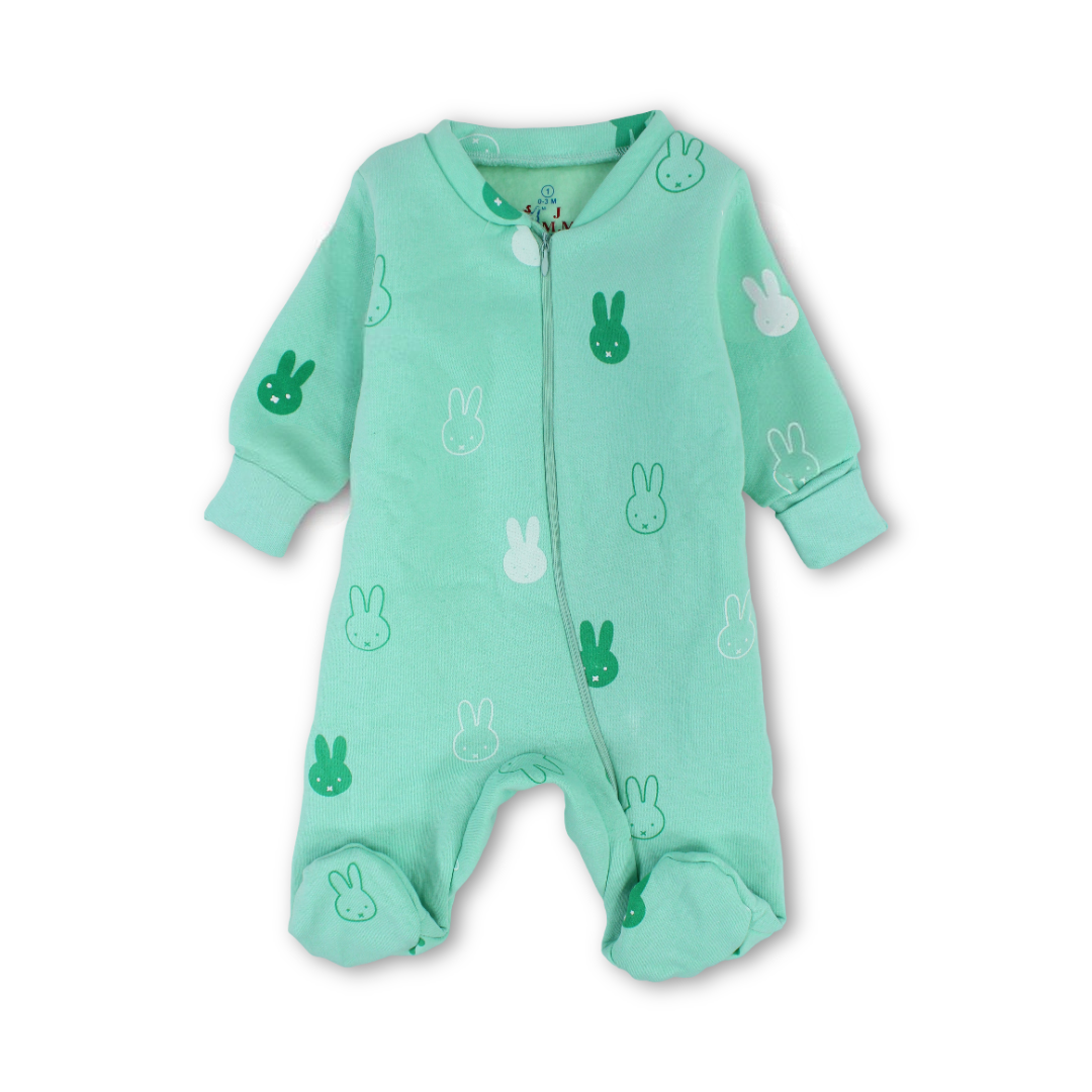 Baby Boys Long-Sleeved Baby Footie – Mint & Off-White with Bunny Print