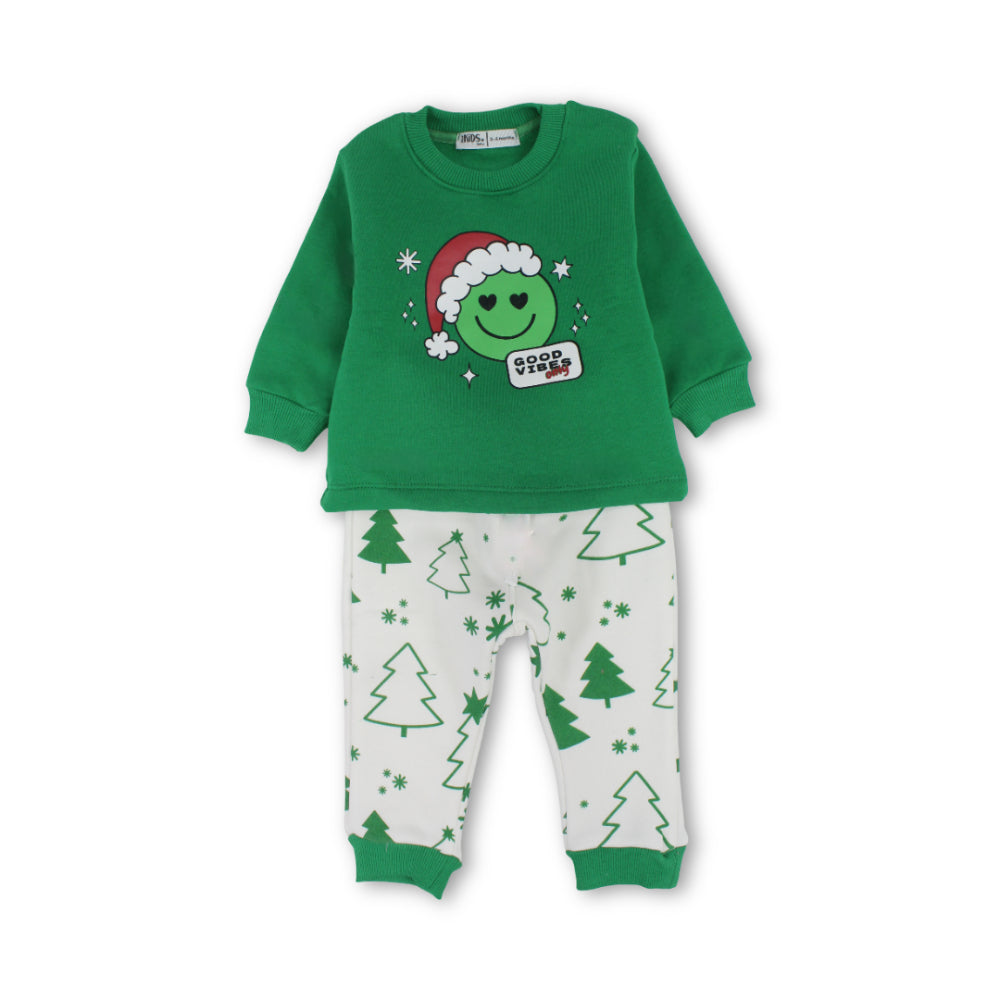 Boys Cotton Long-Sleeved Pajama Set – Green with "Good Vibes Only" Print