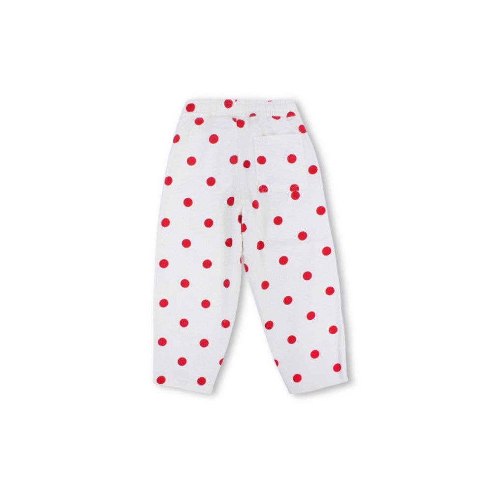 Girls Gabardine Pants – Off-White with Red Polka Dot Print