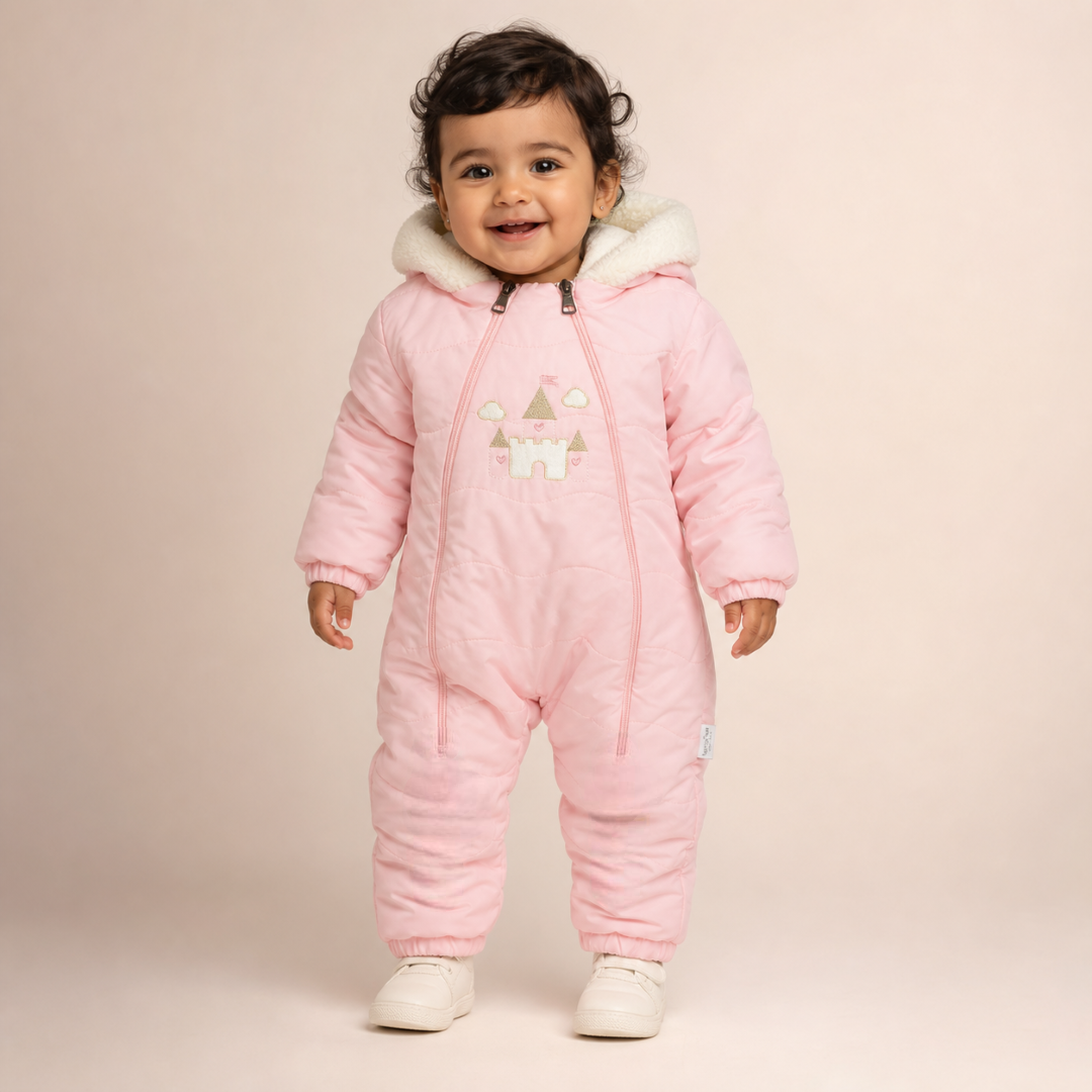 Baby Girls Padded Long-sleeved Baby Footie With Castle Embroidery