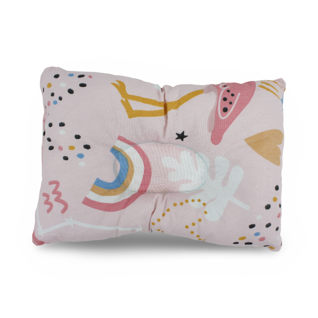 Baby Small Pillow – Pink with Dots, Hearts & Flamingo Print