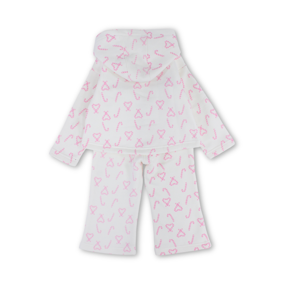 Girls Hooded Long-Sleeved Pajama – Off-White with Pink Candy Print