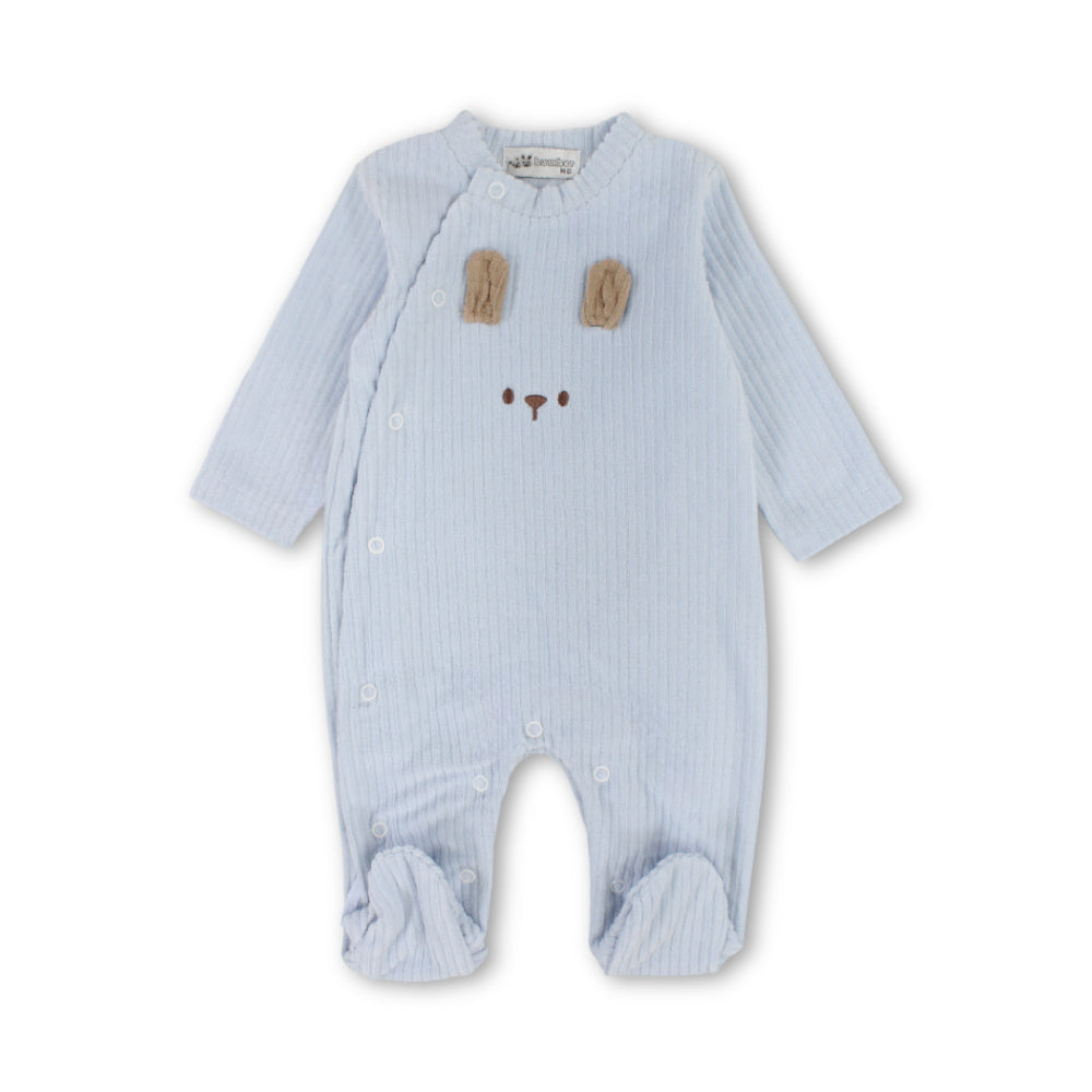 Baby Boys Cotton Ribbed Baby Footie with Bear Face Detail