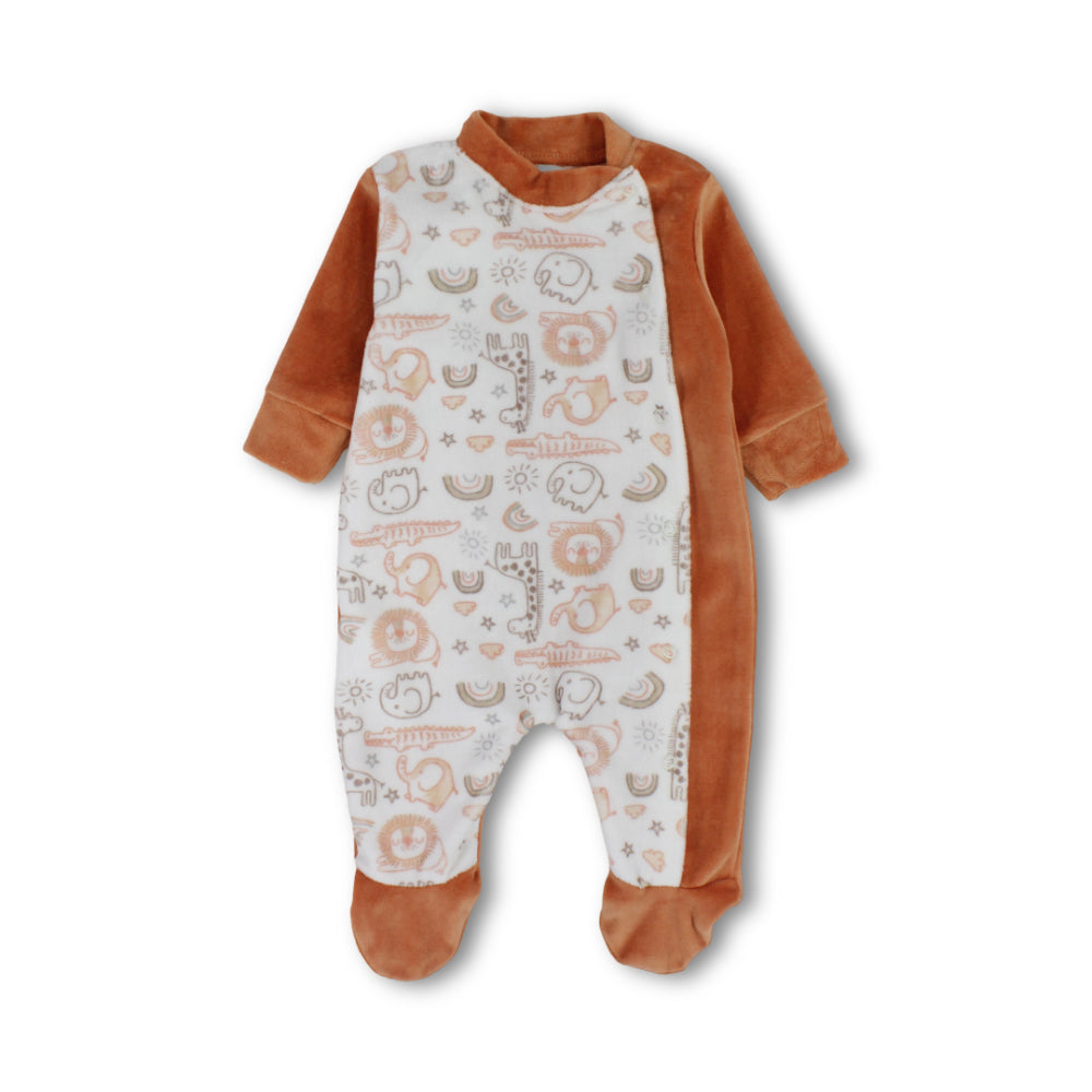 Unisex Baby Cotton Baby Footie – Off-White & Orange with Forest Animals Print