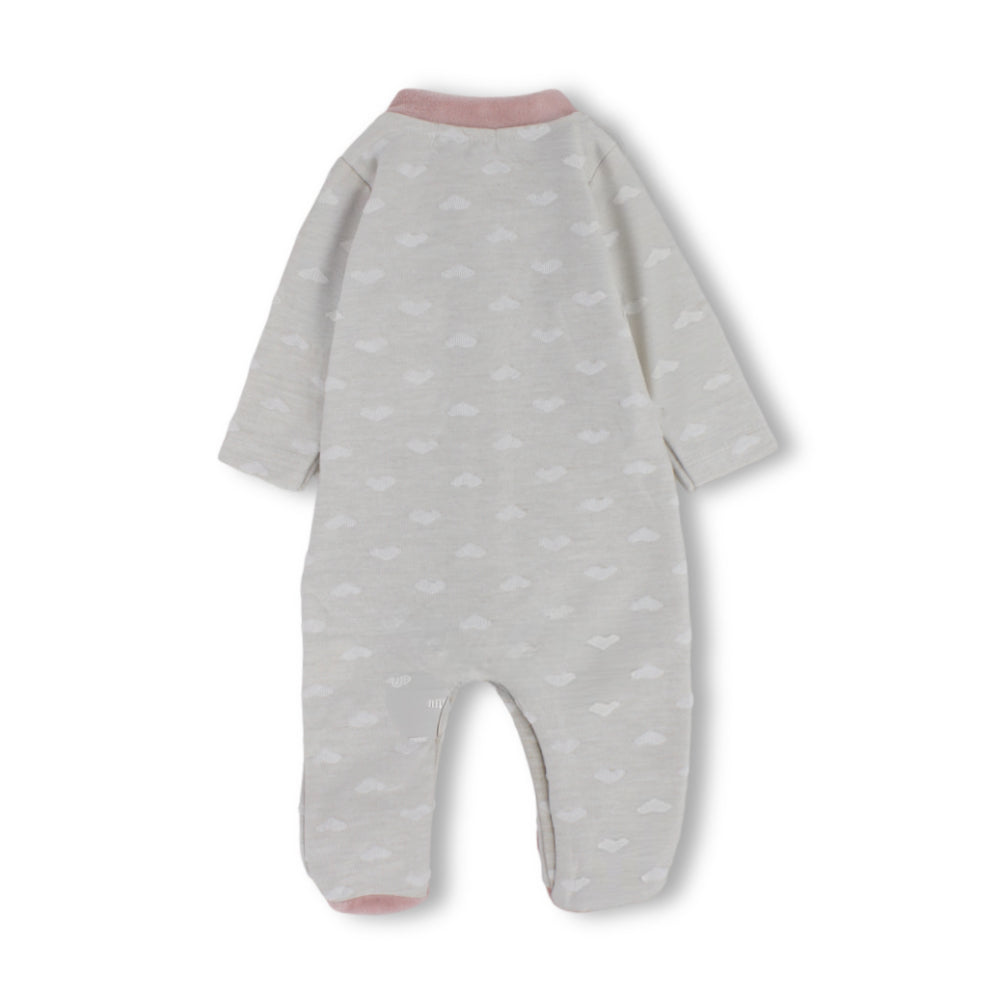 Baby Girls Cotton Baby Footie – Beige & Dusty Pink with Heart Pattern and Pocket