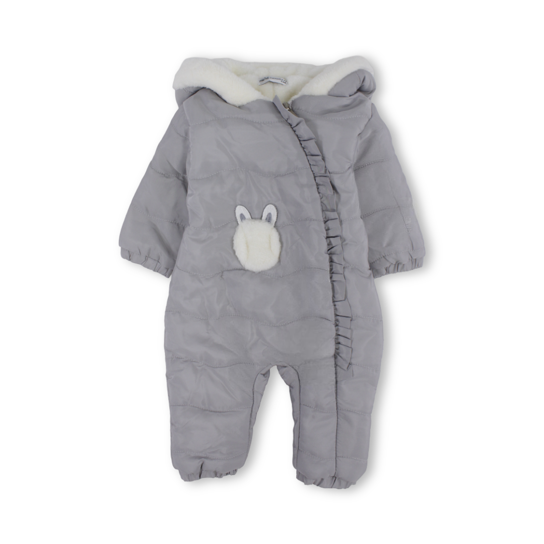 Baby Girls Padded Waterproof Long-sleeved Baby Footie – Grey With Bunny Face Embroidery