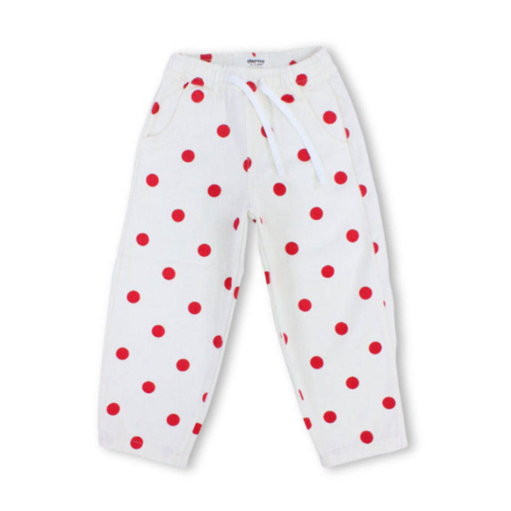 Girls Gabardine Pants – Off-White with Red Polka Dot Print