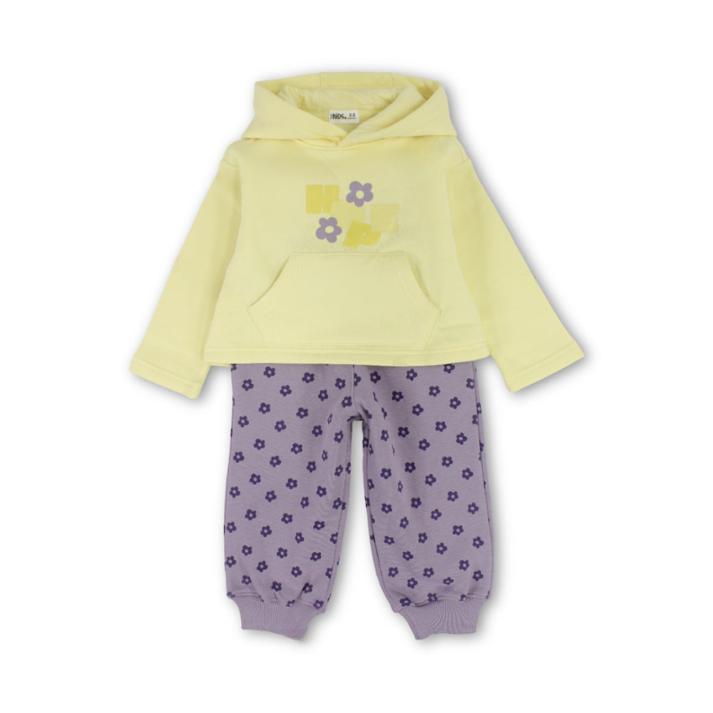 Girls’ Yellow Hooded Pajama Set – Floral Print