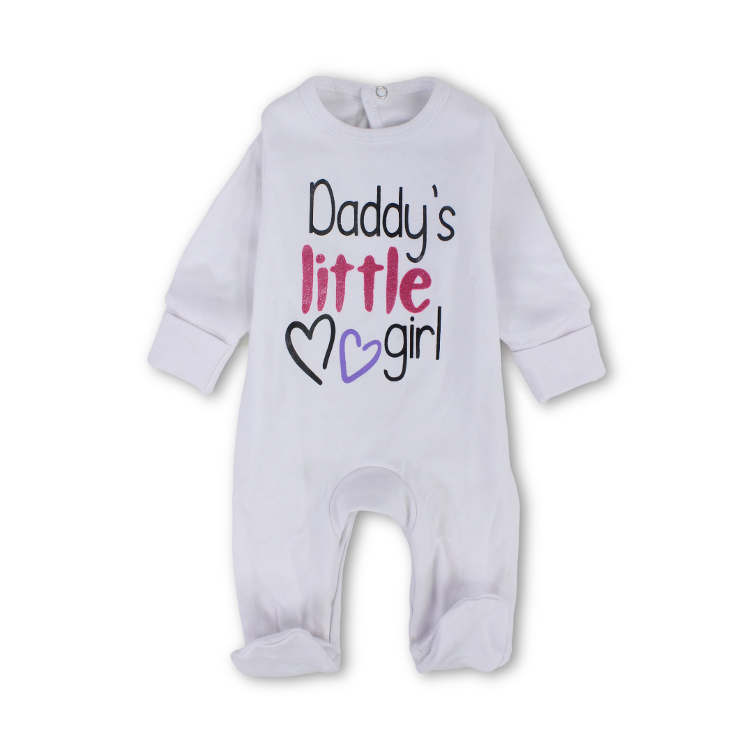 Baby Girls Long-Sleeved Baby Footie – White with "Daddy's Little Girl" Print