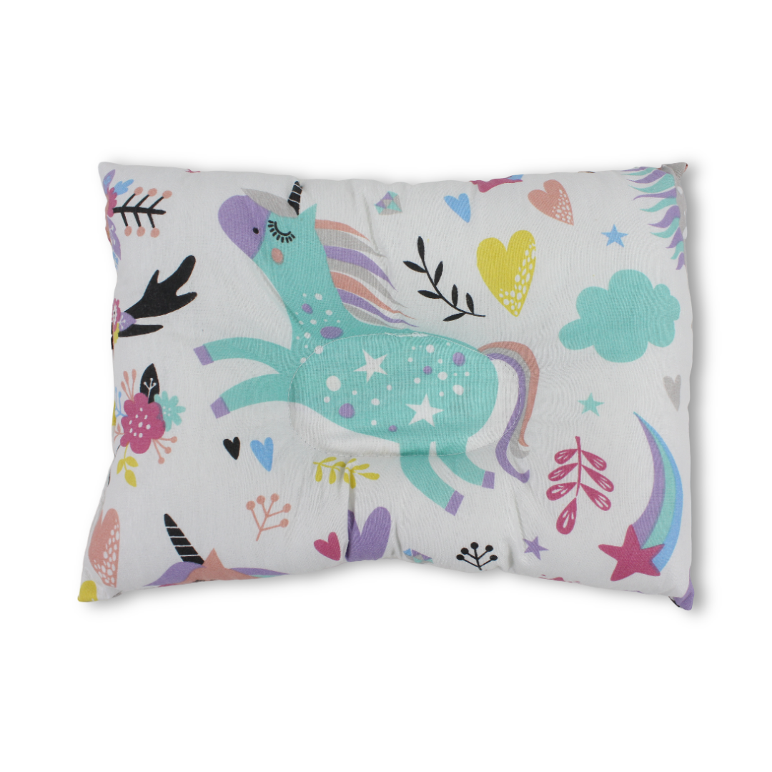 Baby Small Pillow – Off-White with Unicorn, Hearts & Flowers Print
