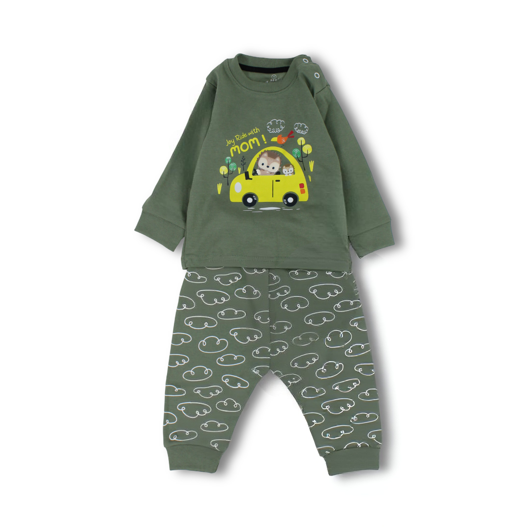 Baby Boys Long-Sleeved Pajama – Olive & Petrol Blue with Yellow Car Print