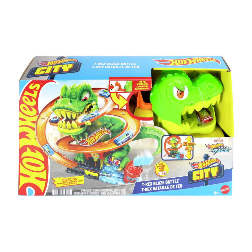 Hot Wheels City T-Rex Blaze Battle Playset with a 1:64 Scale Die-Cast Car - Toys - OKO