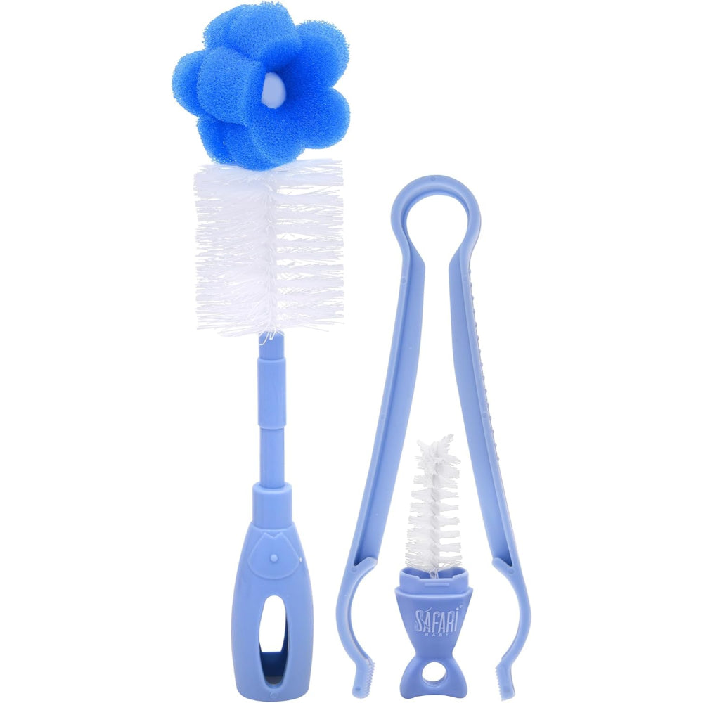 Safari Baby Bottle & Nipple Cleaning Brush with Tongs – Blue - Baby Essentials