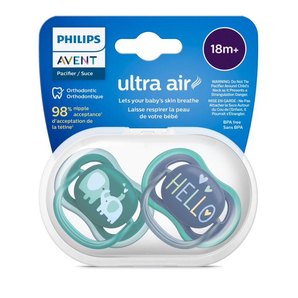 Philips Avent Ultra Air Pacifiers – Elephant and Hello Design (2 Pack, 18m+) - Baby Essentials