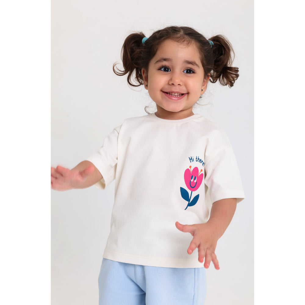 Baby Girls Cotton T-Shirt – Off-White with Flower Print - Clothing - Playmore