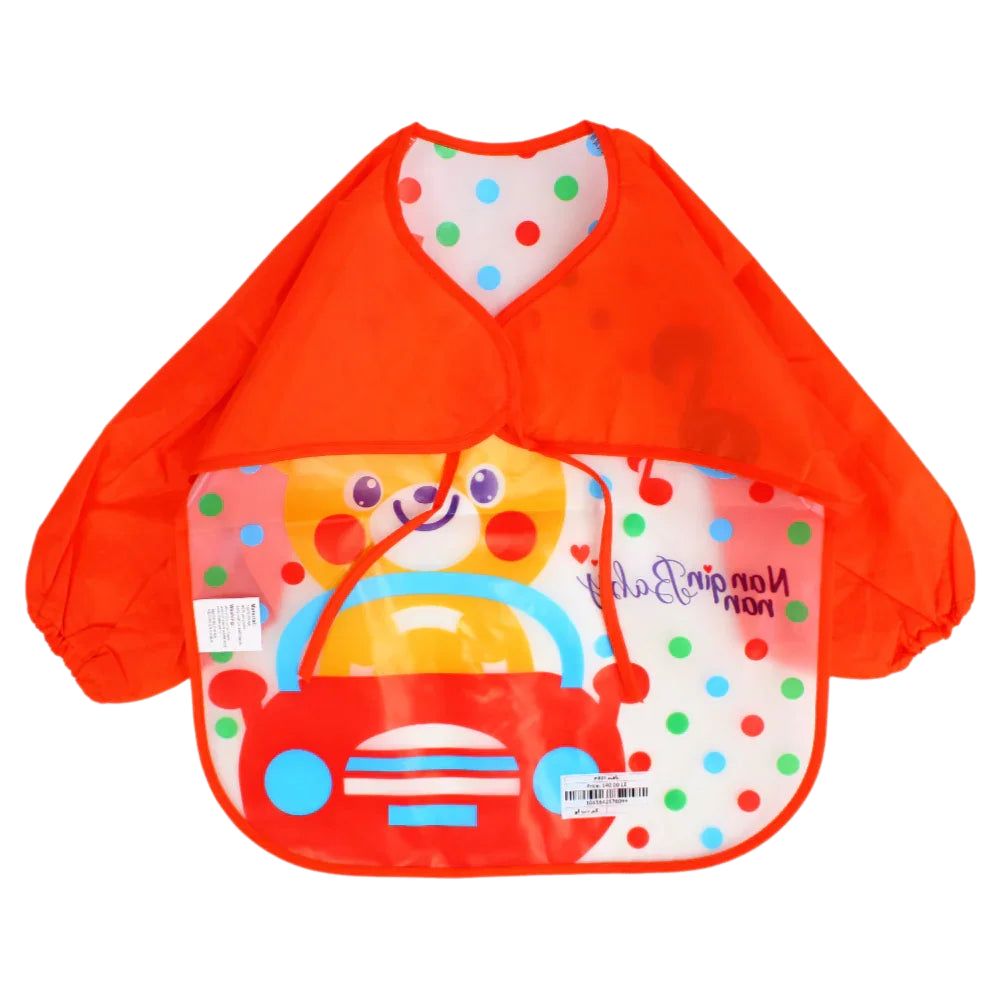 Silicone Long-Sleeved Baby Bib – Orange with Bear Design