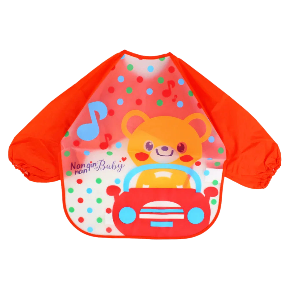 Silicone Long-Sleeved Baby Bib – Orange with Bear Design - Baby Essentials - Bella Bambino