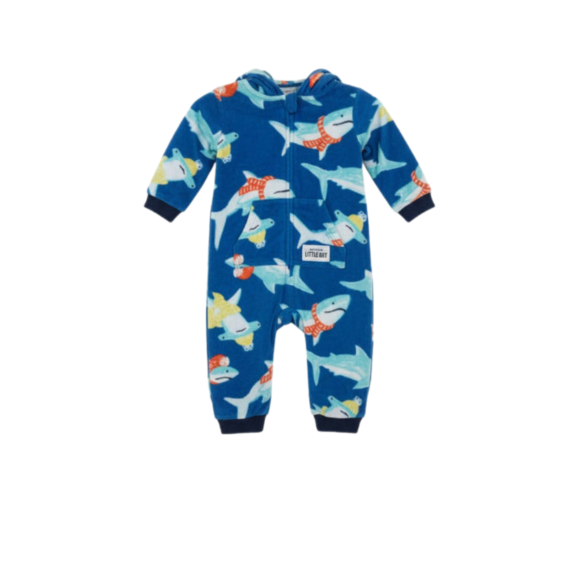 Baby Boys Fleeced Hooded Footless Onesie – Blue with Sharks Design - Clothing - Cherries